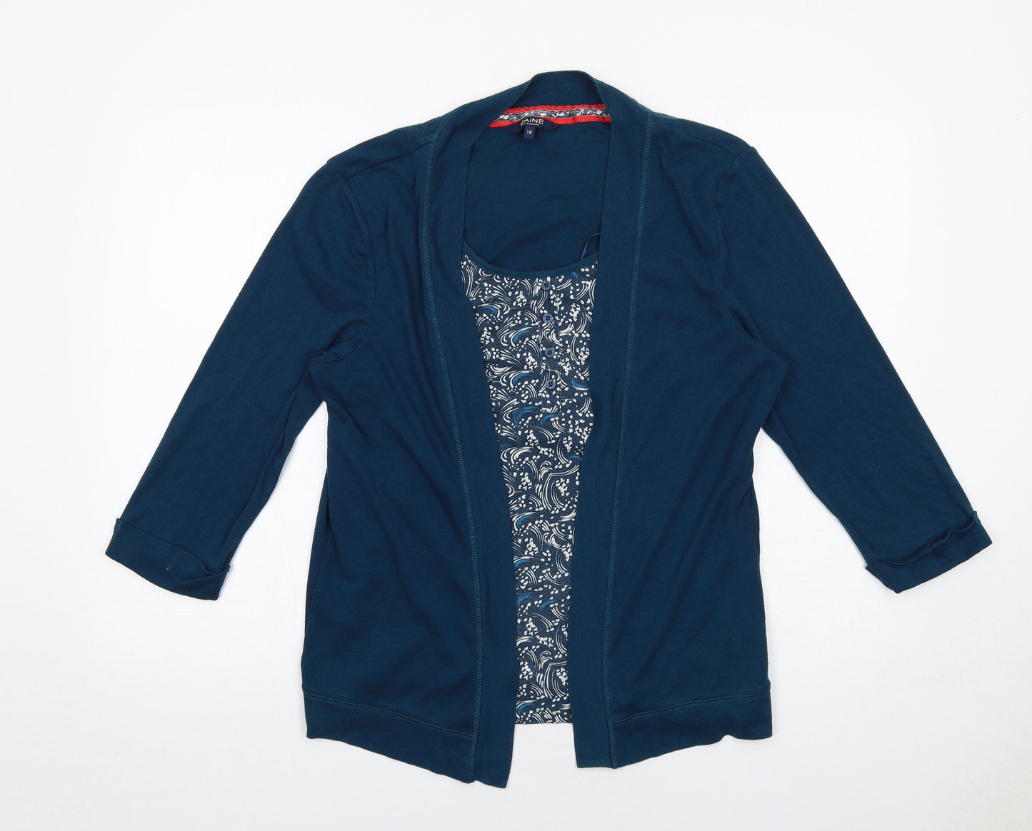 Maine Womens Blue Geometric Cotton Basic Blouse Size 18 Scoop Neck - 2 in 1 Top