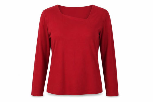 Front view of VIZ A VIZ women’s red polyester basic t-shirt, size UK 12, v-neck