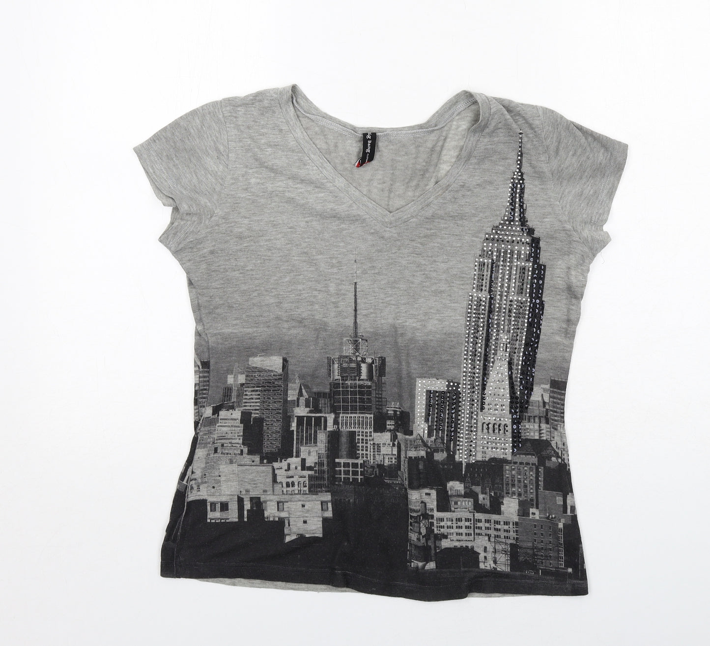 Big Bang Womens Grey Polyester Basic T-Shirt Size S V-Neck - New York City
