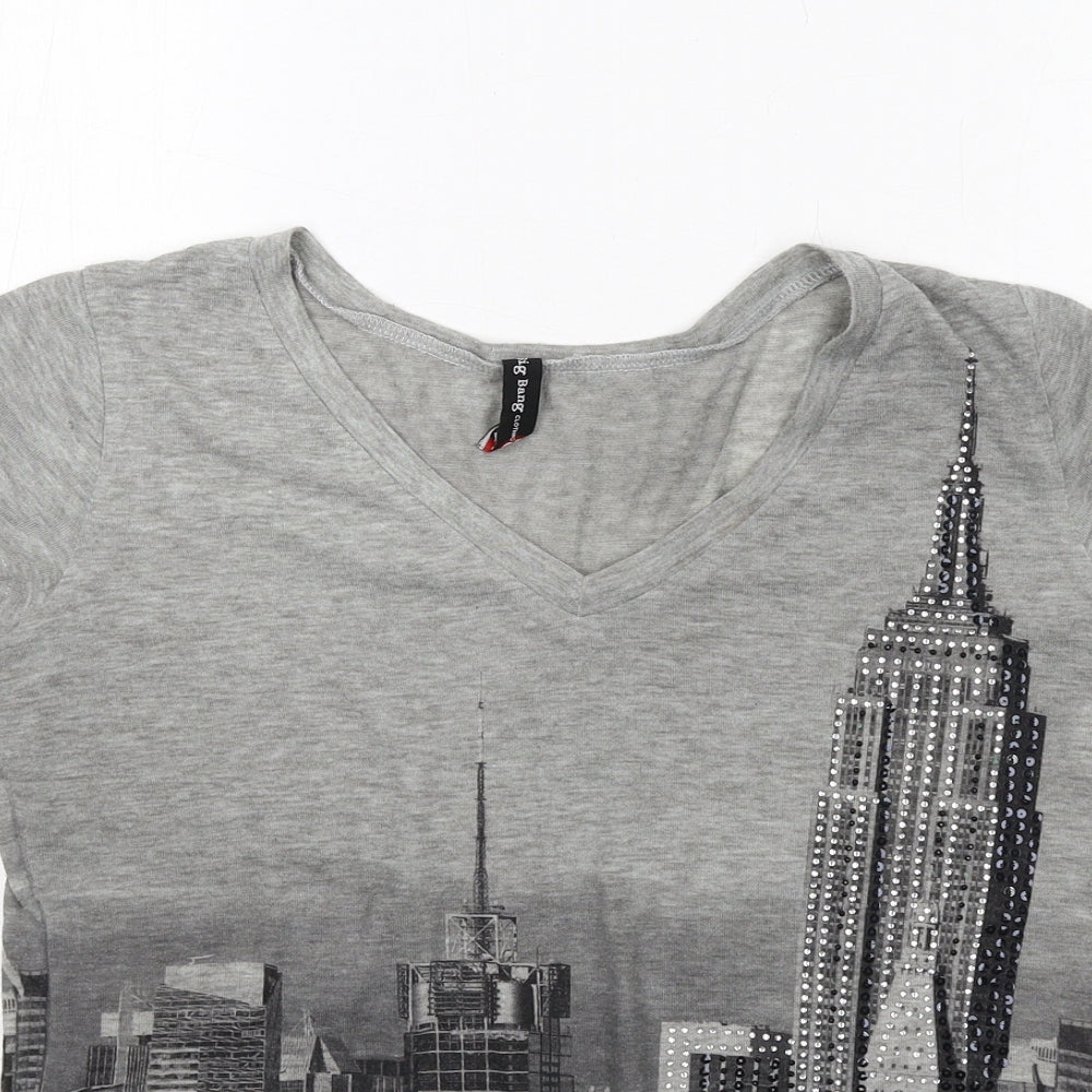 Big Bang Womens Grey Polyester Basic T-Shirt Size S V-Neck - New York City