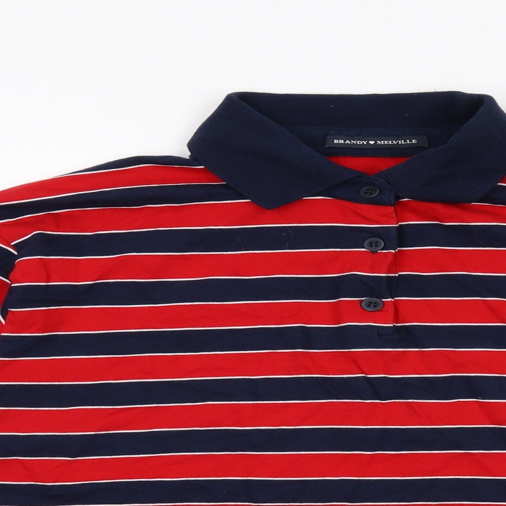 Brandy Melville Womens Red Striped Cotton Basic Polo One Size Collared