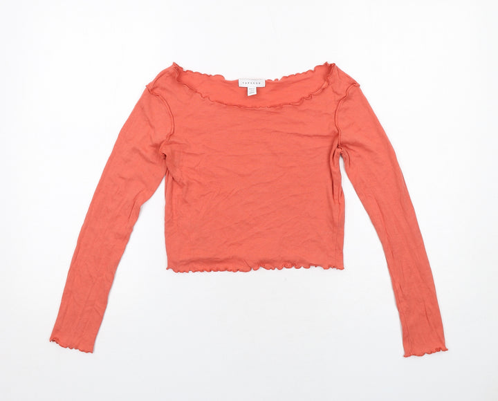 Topshop Womens Orange Cotton Basic T-Shirt Size 8 Boat Neck - Lettuce Hem