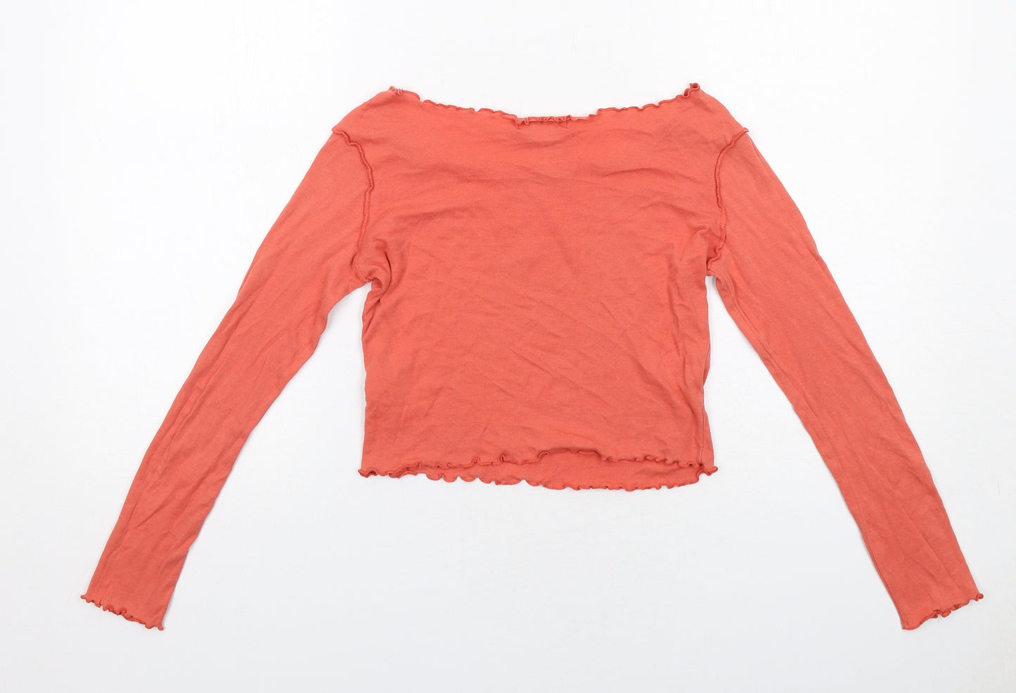 Topshop Womens Orange Cotton Basic T-Shirt Size 8 Boat Neck - Lettuce Hem