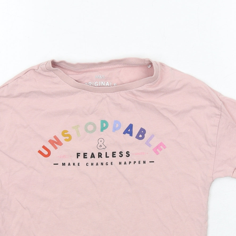 Marks and Spencer Girls Pink Cotton Basic T-Shirt Size 8-9 Years Round Neck Pullover - Unstoppable