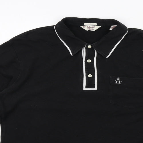 Original Penguin Mens Black Cotton Polo Size L Collared Button