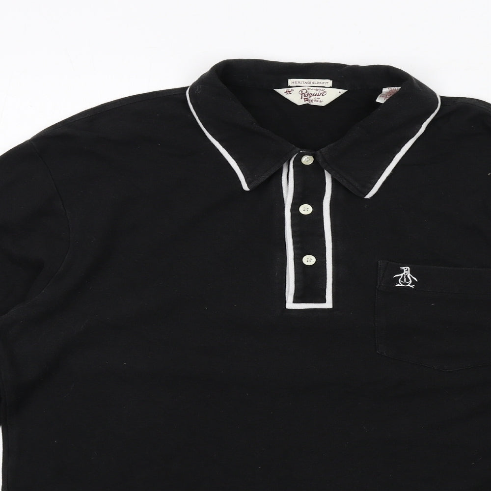 Original Penguin Mens Black Cotton Polo Size L Collared Button