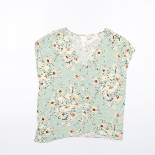 H&M Womens Green Floral Viscose Basic Blouse Size XS V-Neck