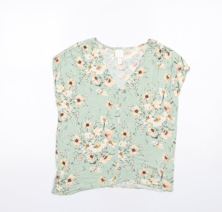 H&M Womens Green Floral Viscose Basic Blouse Size XS V-Neck