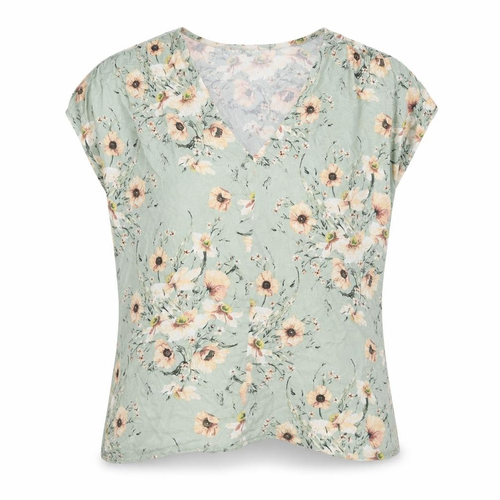 Front view of H&M women’s green floral viscose basic blouse, size XS, v-neck