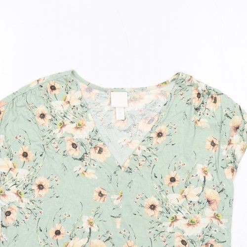 H&M Womens Green Floral Viscose Basic Blouse Size XS V-Neck