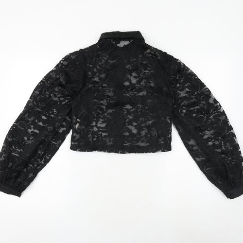 Misspap Womens Black Geometric Polyester Basic Button-Up Size 8 Collared