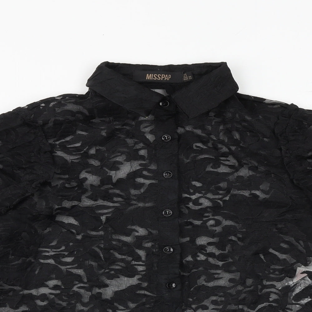 Misspap Womens Black Geometric Polyester Basic Button-Up Size 8 Collared