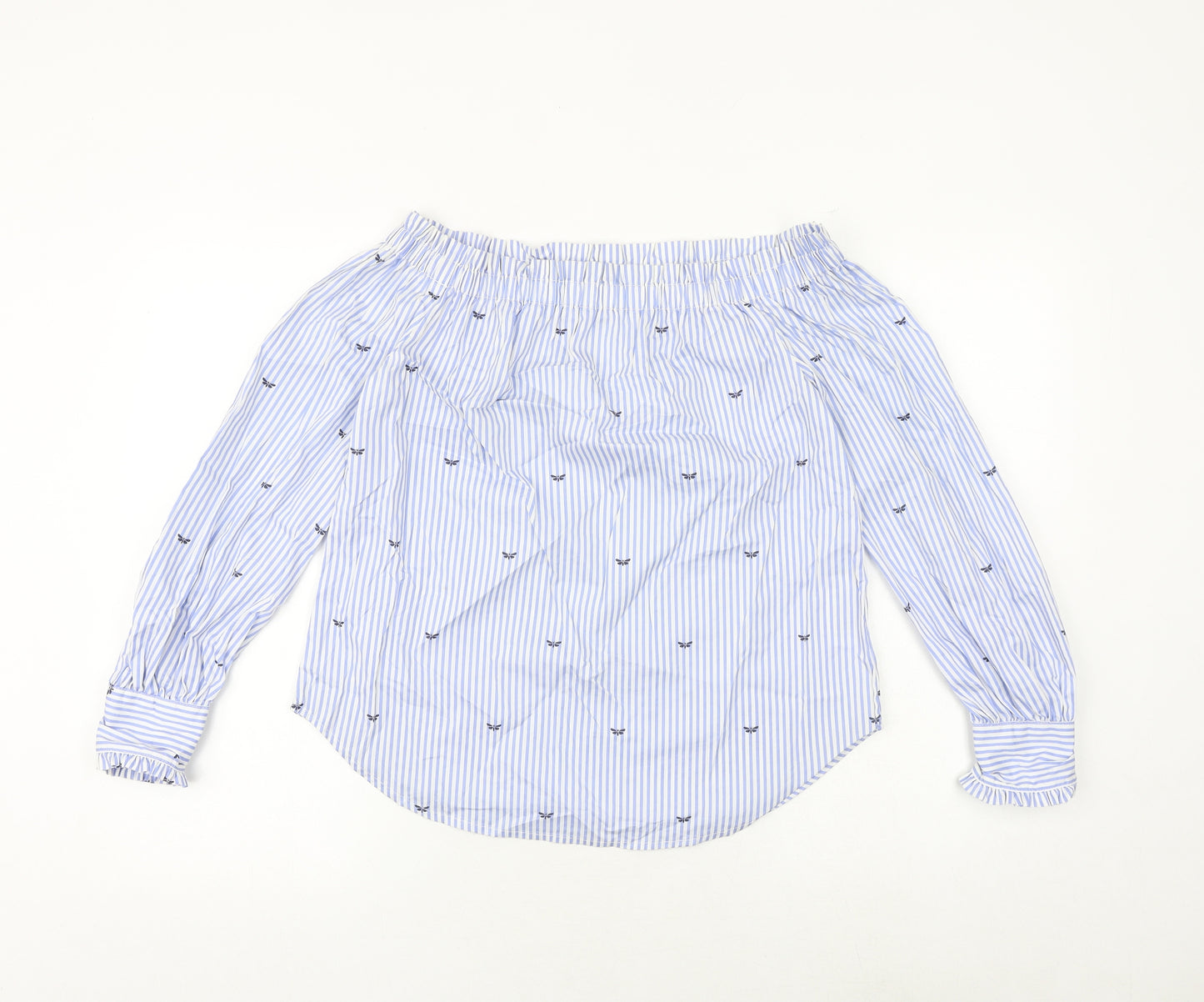 New Look Womens Blue Striped Cotton Basic Blouse Size 8 Off the Shoulder
