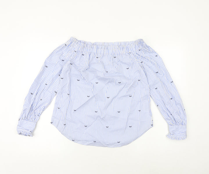 New Look Womens Blue Striped Cotton Basic Blouse Size 8 Off the Shoulder