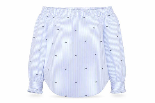 Front view of New Look women’s blue striped cotton basic blouse, size UK 8, off the shoulder