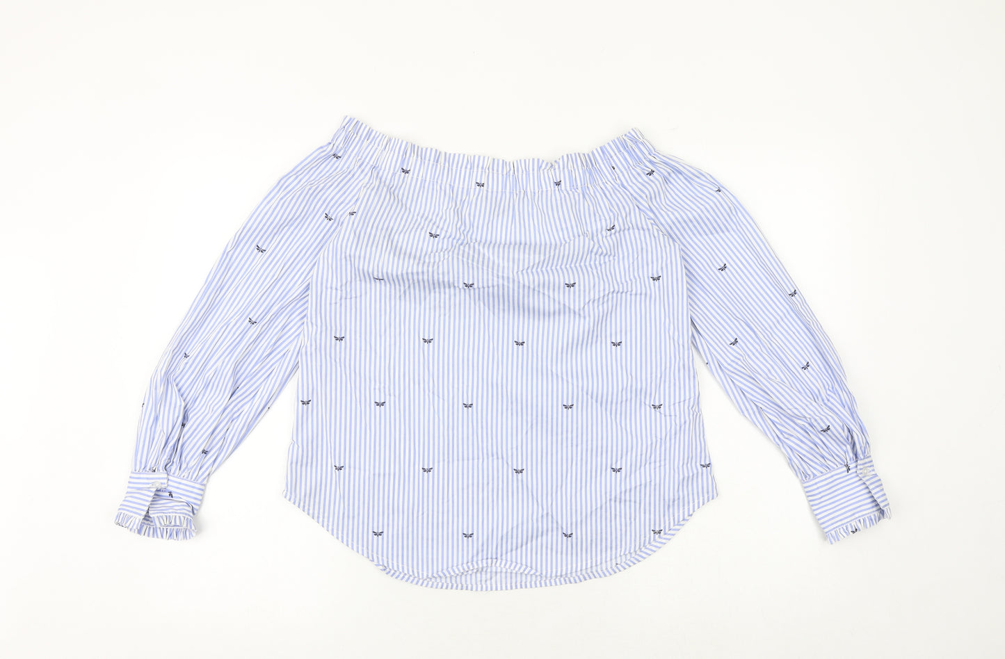 New Look Womens Blue Striped Cotton Basic Blouse Size 8 Off the Shoulder