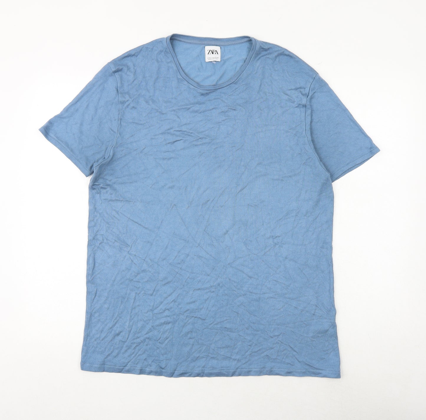 Zara Mens Blue Viscose T-Shirt Size XL Round Neck