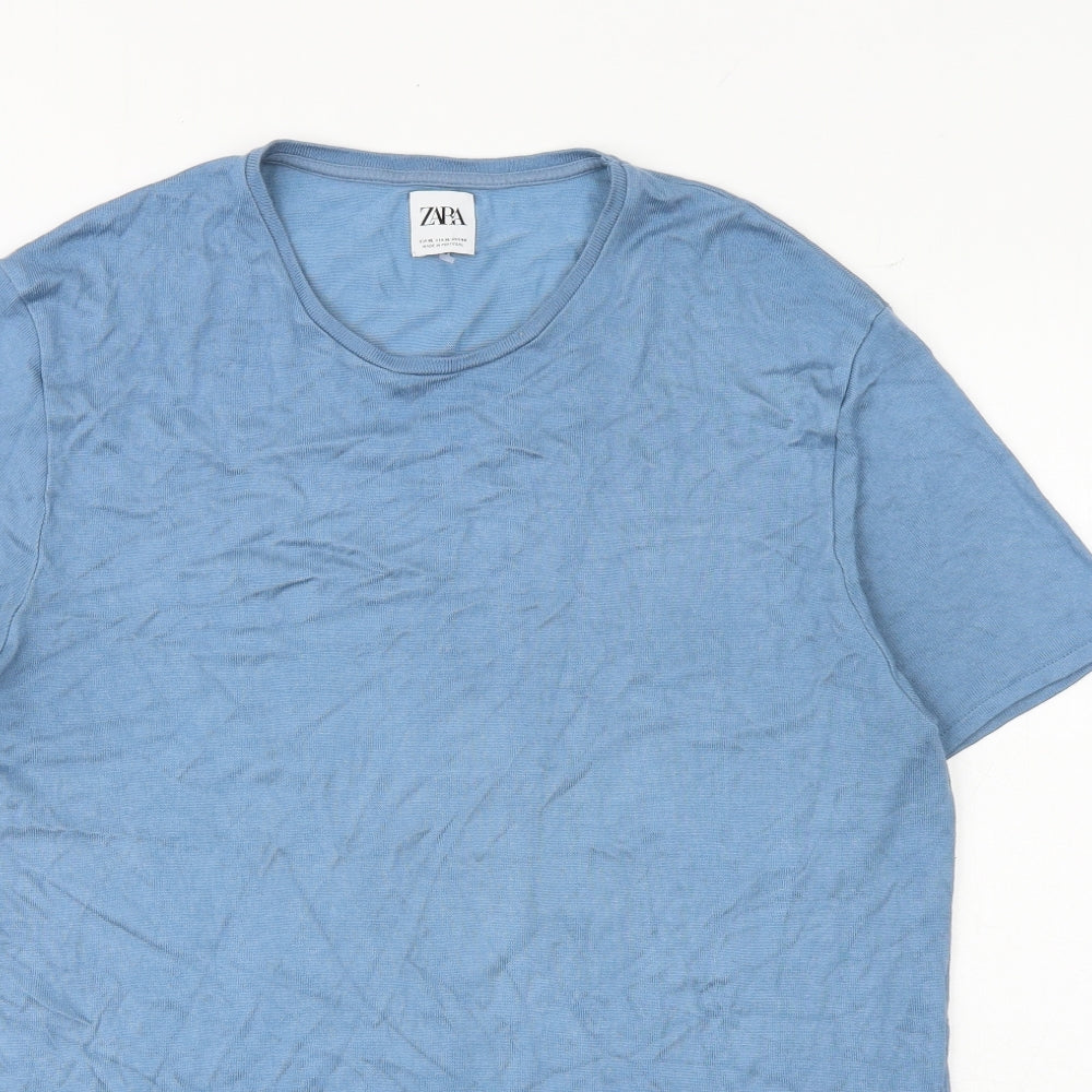 Zara Mens Blue Viscose T-Shirt Size XL Round Neck