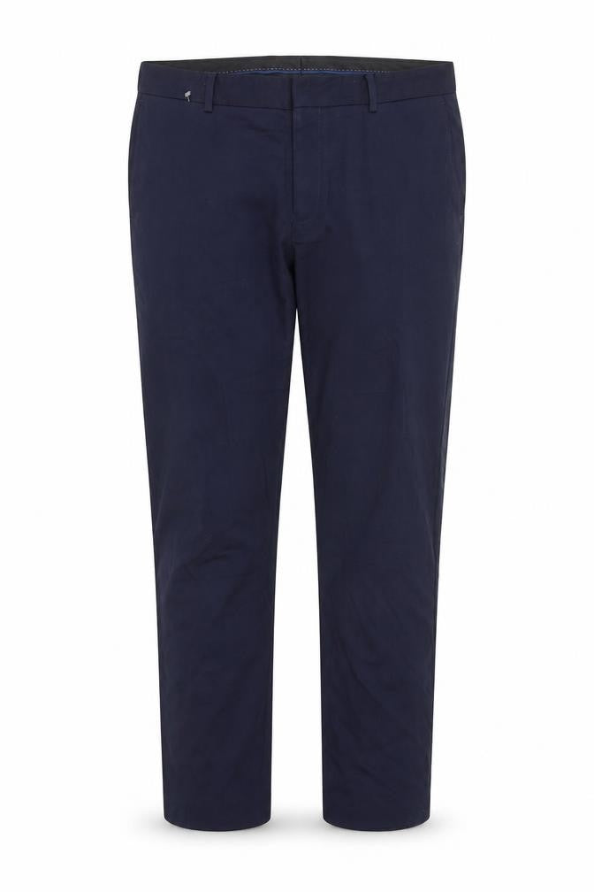 Front view of Burton men’s blue polyester chino trousers, size 36, in regular zip