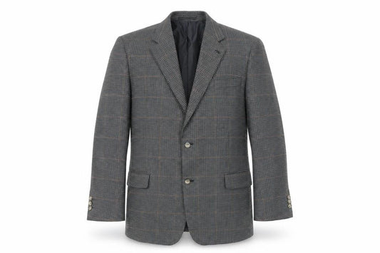 Front view of Carabou men’s grey geometric polyester jacket suit jacket, size 46, regular
