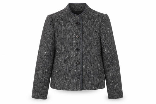 Front view of Dorene women’s grey geometric jacket blazer, size UK 14, button