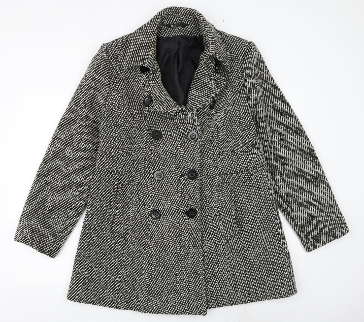 BHS Womens Black Geometric Pea Coat Coat Size 16 Button