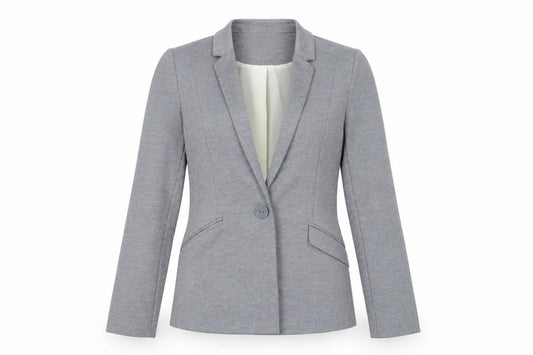 Front view of Oasis women’s grey geometric jacket blazer, size UK 8, button