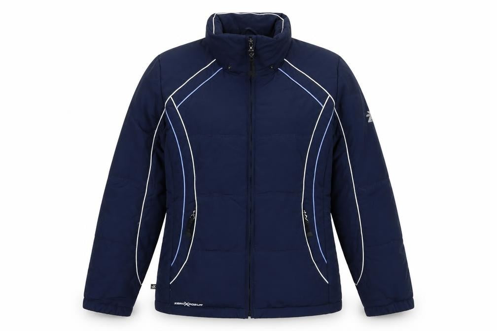 Front view of ZeroXposur women’s blue windbreaker jacket, size S, zip