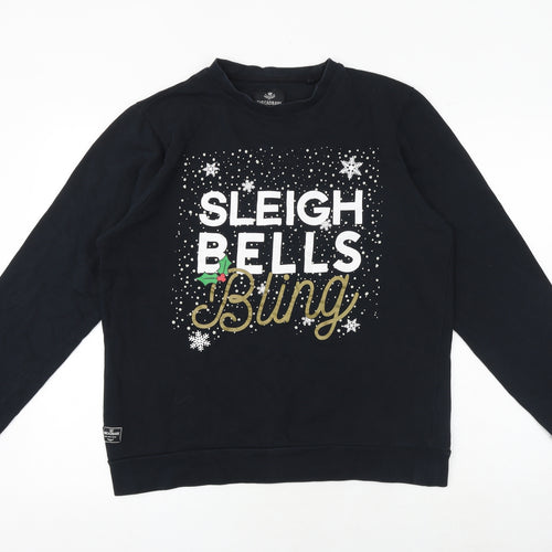 Threadbare Mens Black Cotton Pullover Sweatshirt Size L - Unisex Sleigh Bells Bling