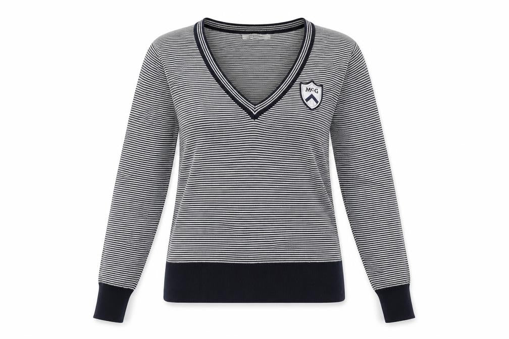 Front view of McGregor women’s blue v-neck striped 100% cotton jumper, size S
