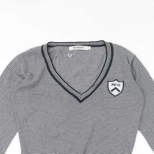 McGregor Womens Blue V-Neck Striped 100% Cotton Pullover Jumper Size S