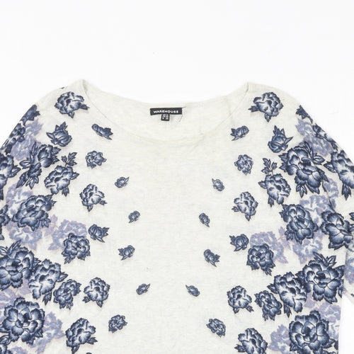 Warehouse Womens Grey Round Neck Floral Viscose Pullover Jumper Size 12