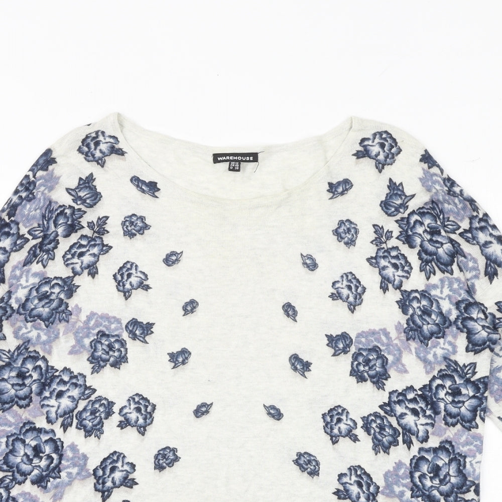Warehouse Womens Grey Round Neck Floral Viscose Pullover Jumper Size 12