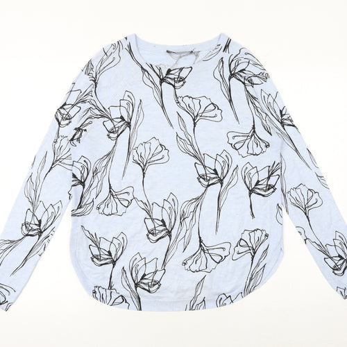 Marks and Spencer Womens Blue Round Neck Floral Polyester Pullover Jumper Size 8