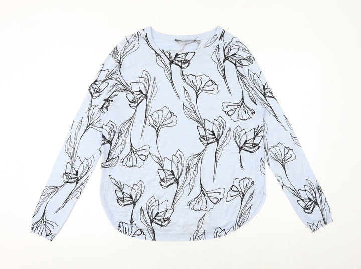 Marks and Spencer Womens Blue Round Neck Floral Polyester Pullover Jumper Size 8