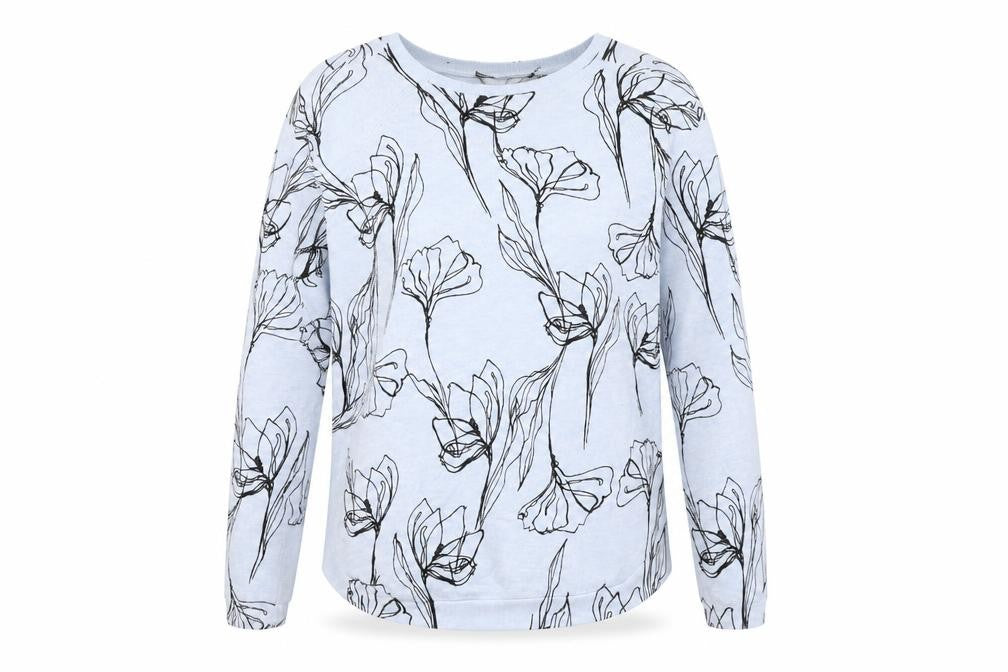 Front view of Marks & Spencer women’s blue round neck floral polyester jumper, size UK 8