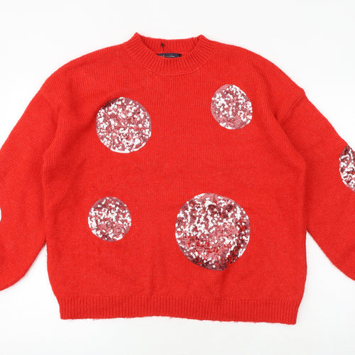 Marks and Spencer Womens Red Round Neck Geometric Acrylic Pullover Jumper Size L