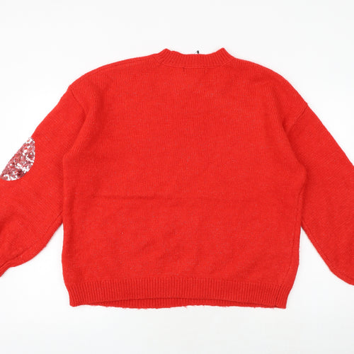 Marks and Spencer Womens Red Round Neck Geometric Acrylic Pullover Jumper Size L