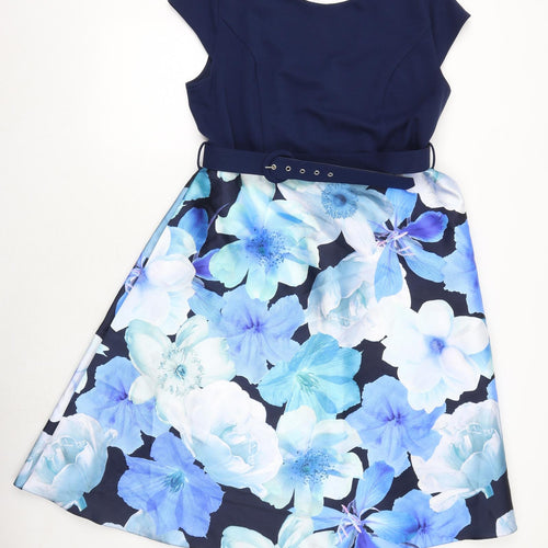 Dorothy Perkins Womens Blue Floral Polyester A-Line Size 16 Round Neck Buckle