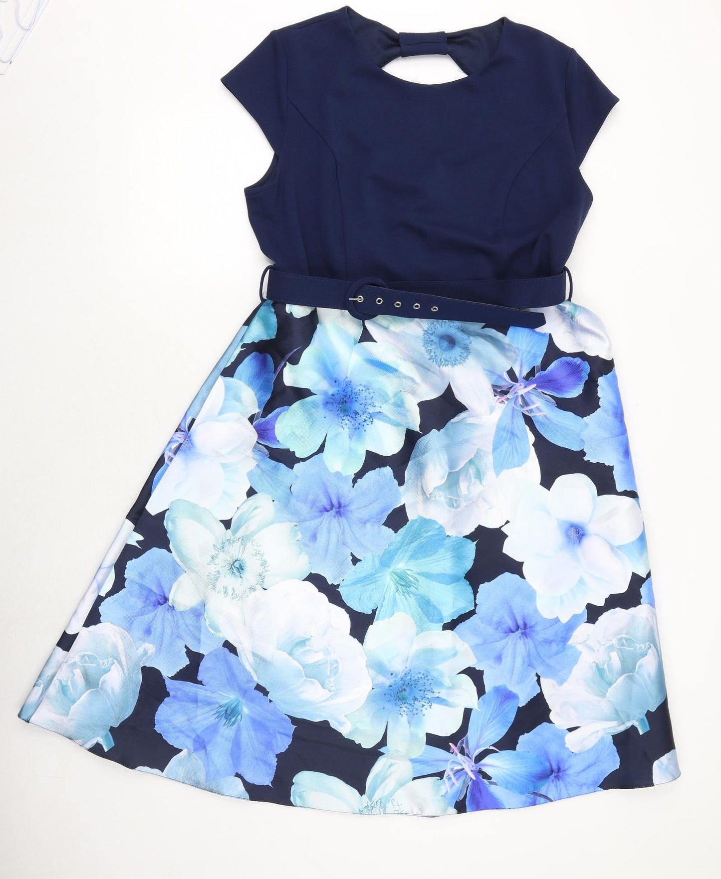Dorothy Perkins Womens Blue Floral Polyester A-Line Size 16 Round Neck Buckle
