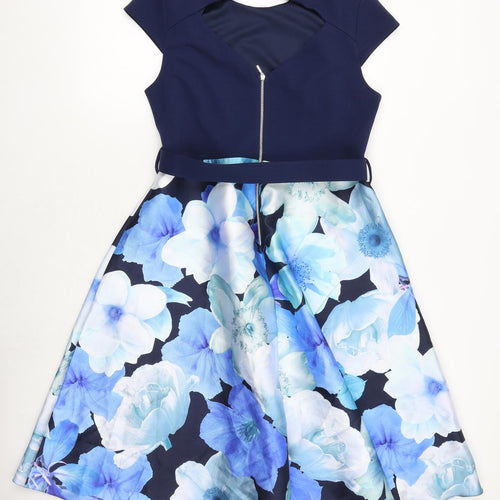 Dorothy Perkins Womens Blue Floral Polyester A-Line Size 16 Round Neck Buckle