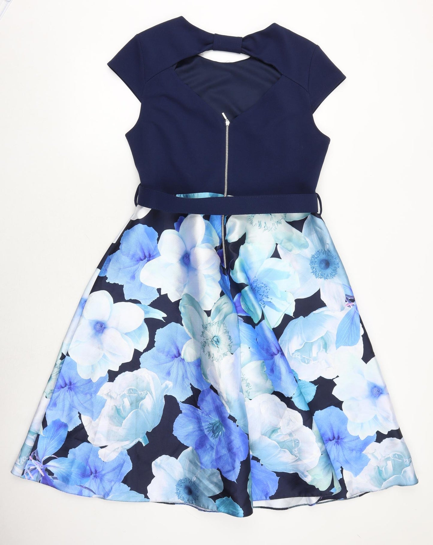 Dorothy Perkins Womens Blue Floral Polyester A-Line Size 16 Round Neck Buckle