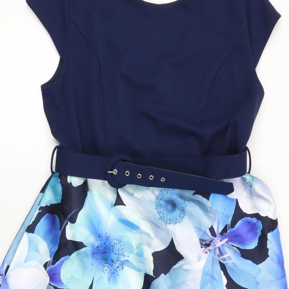 Dorothy Perkins Womens Blue Floral Polyester A-Line Size 16 Round Neck Buckle