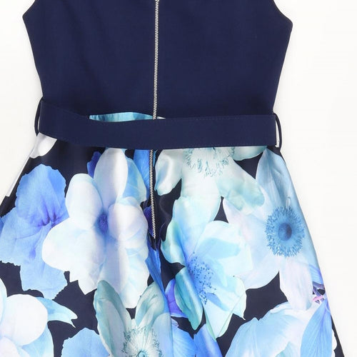 Dorothy Perkins Womens Blue Floral Polyester A-Line Size 16 Round Neck Buckle