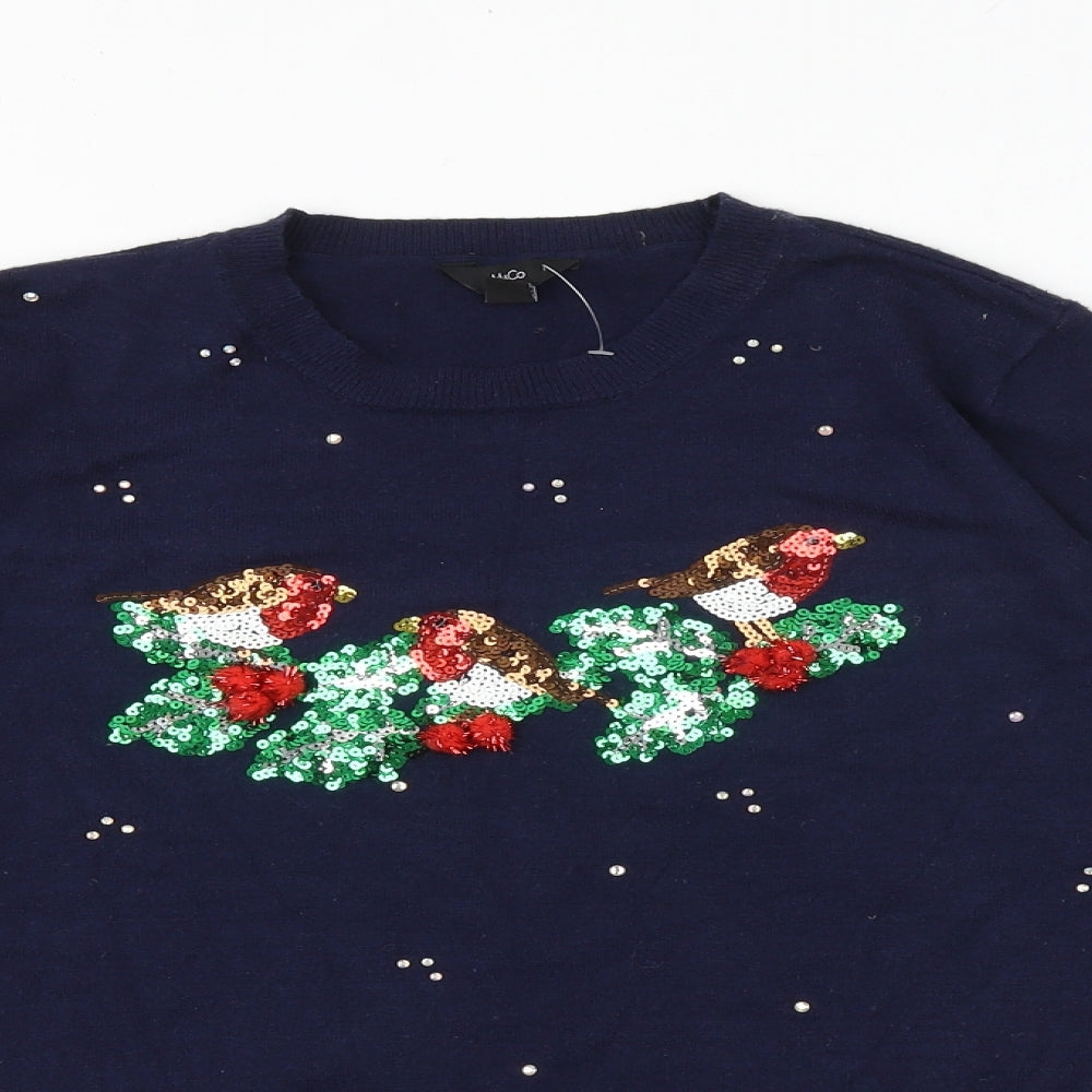 M&Co Womens Blue Crew Neck Viscose Pullover Jumper Size 12 - Embellished