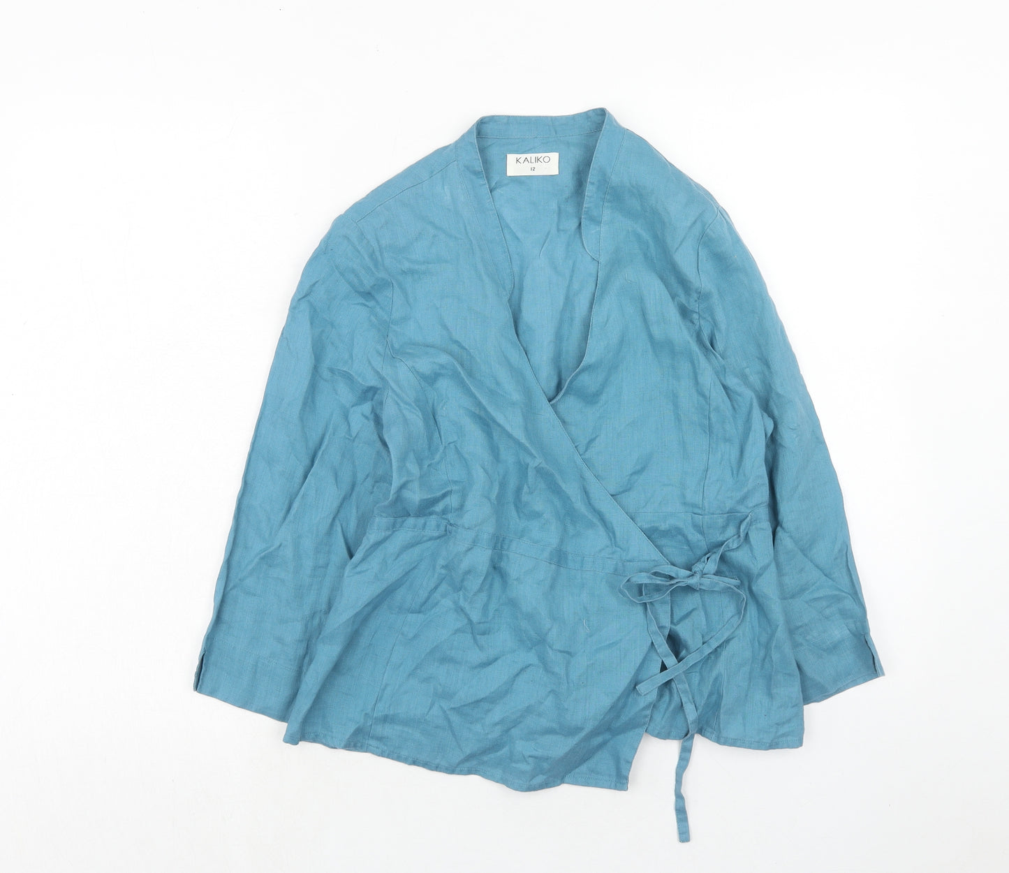 Kaliko Womens Blue Linen Wrap Blouse Size 12 V-Neck