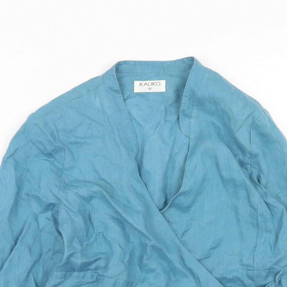 Kaliko Womens Blue Linen Wrap Blouse Size 12 V-Neck