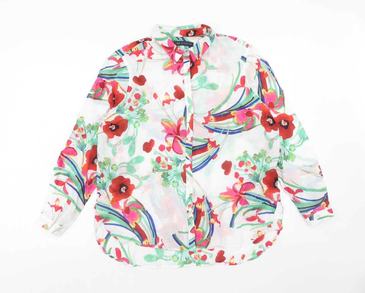 Marks and Spencer Womens Multicoloured Floral Cotton Basic Button-Up Size 16 Collared