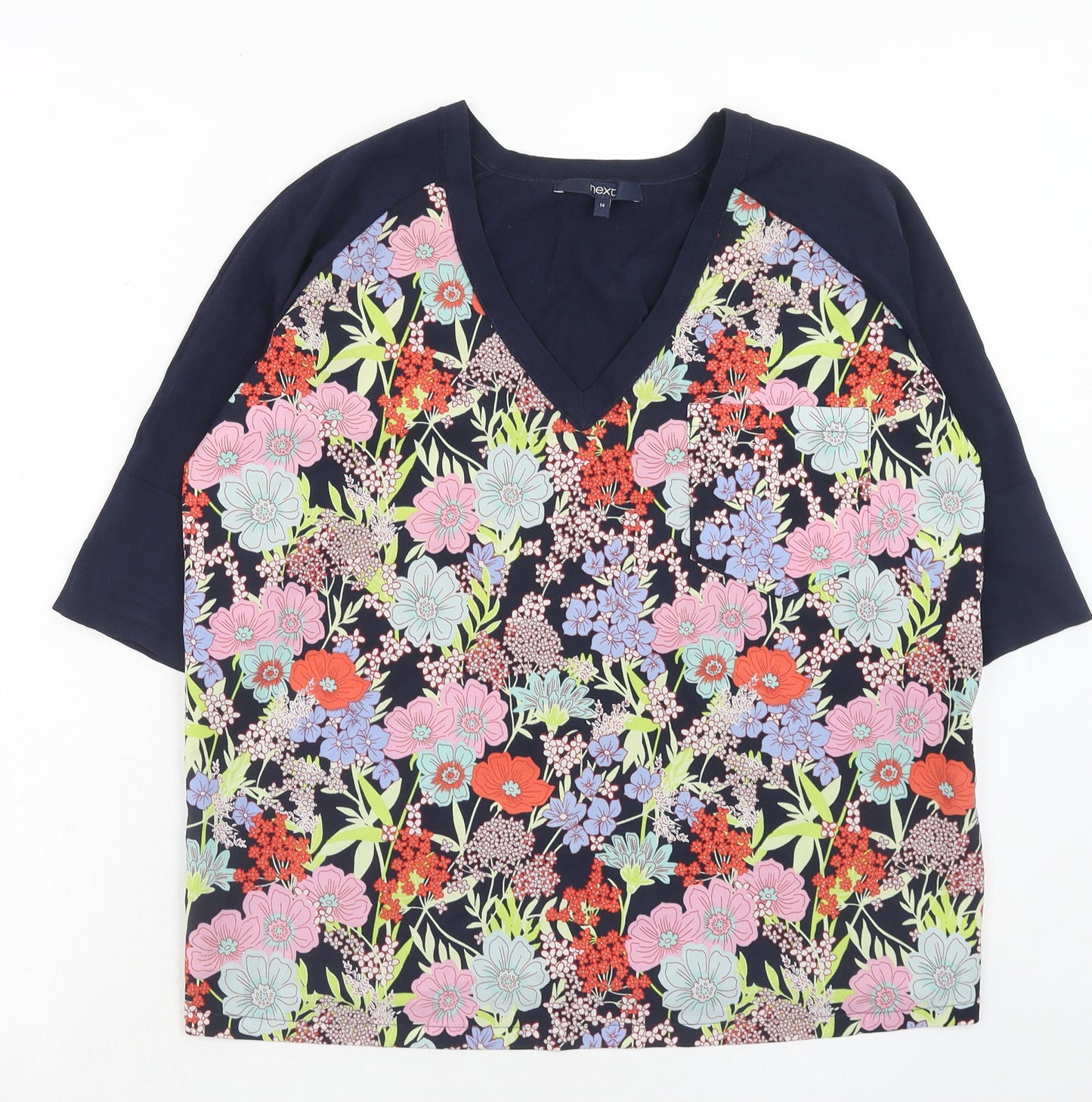 NEXT Womens Blue V-Neck Floral Viscose Pullover Jumper Size 14