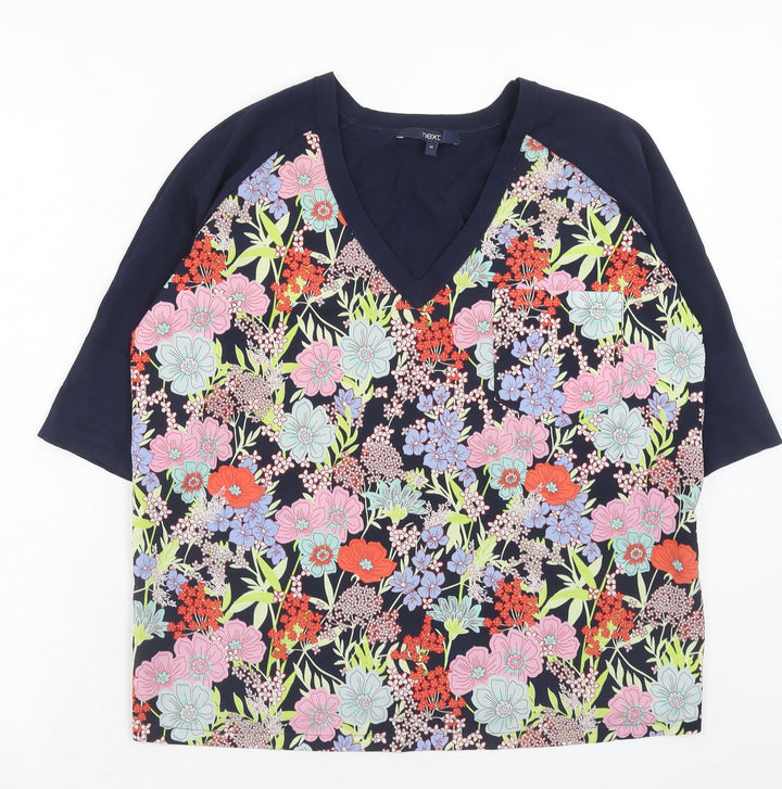 NEXT Womens Blue V-Neck Floral Viscose Pullover Jumper Size 14